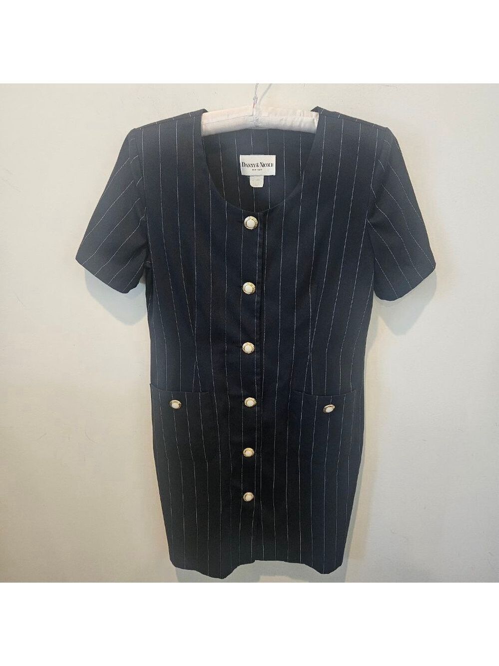 Women's Danny & Nicole Vintage 10P Black With White Pinstripe Button-Front Dress